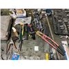 Image 4 : CONTENTS OF TOP OF WORK TABLE - WRENCHES, CROW-BARS, METAL SNIPS, WIRE CUTTERS, SOCKETS,