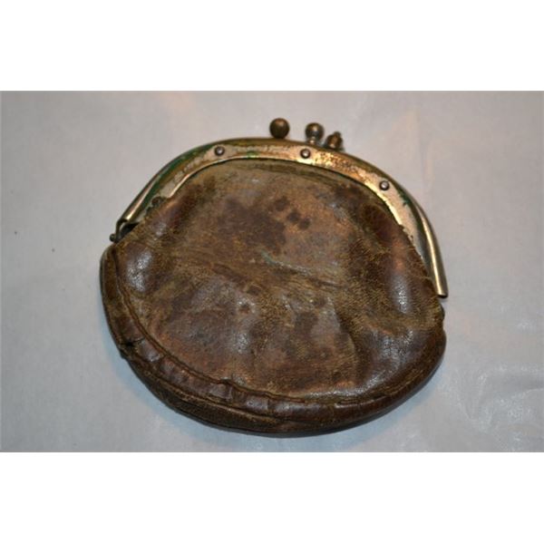 ANTIQUE US 19th CENTURY LEATHER COIN BAG WALLET 1884 DATED