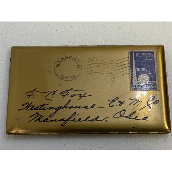VINTAGE BRASS CIGARETTE CASE MADE LIKE AN LETTER ENVELOPE 1939 DATE ON THE STAMP