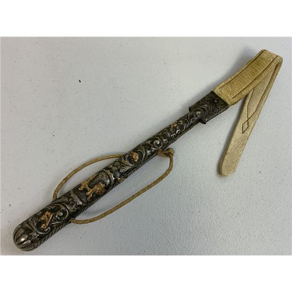 VINTAGE ARGENTINIAN SILVER AND GOLD HANDLED GAUCHO RIDING WHIP REBENQUE