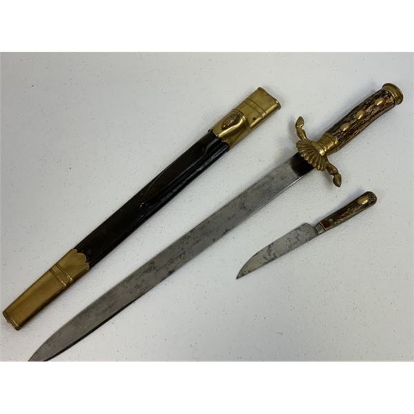 ANTIQUE GERMAN LARGE HUNTING DAGGER SHORT SWORD HIRSCHFANGER WITH ETCHED BLADE