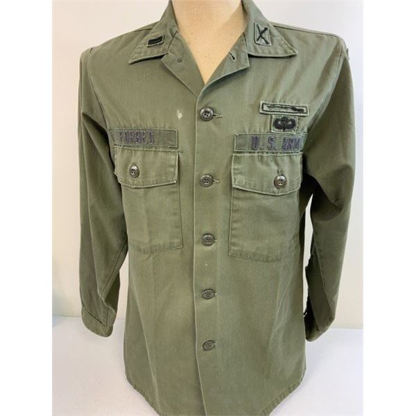 VINTAGE US ARMY AIRBORNE RANGER OFFICER MARKSMAN GREEN UNIFORM SHIRT - NAMED