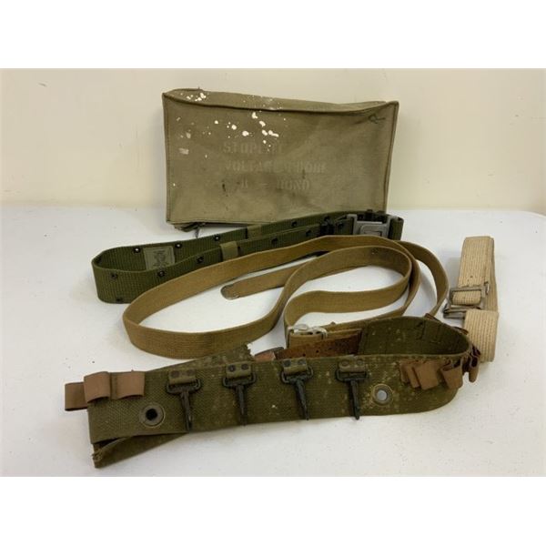 WWII AND LATER LOT OF US WEB CARRY AND PISTOL BELTS AND BAG