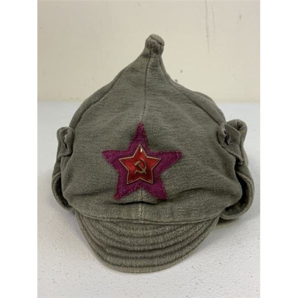 USSR EARLY WWII BUDYONOVKA GRAY CLOTH HELMET WITH RED ENAMEL STAR