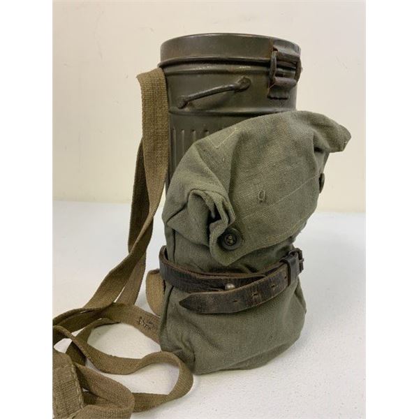WWII GERMAN GAS MASK AND FILTER WITH CANISTER AND GAS CAPE BAG STRAPPED