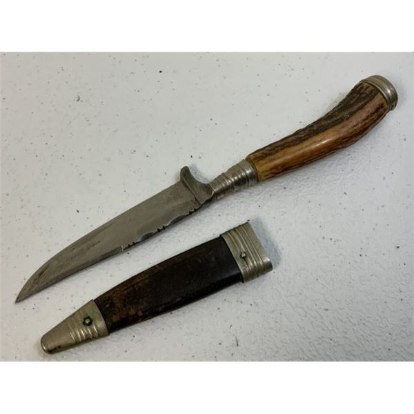 THIRD REICH GERMANY SMALL FIGHTING KNIFE BY ANTON WINGEN IN LEATHER SHEET