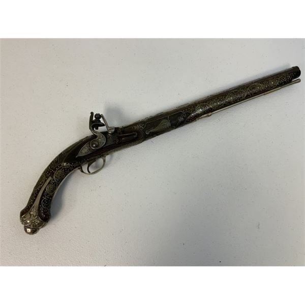 VERY LARGE ISLAMIC OTTOMAN TURKISH ARABIC SILVER DECORATED FLINTLOCK PISTOL