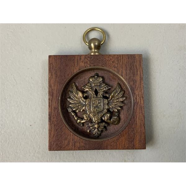 IMPERIAL RUSSIA PLAQUE - BRASS EAGLE MOUNTED IN WOODEN FRAME