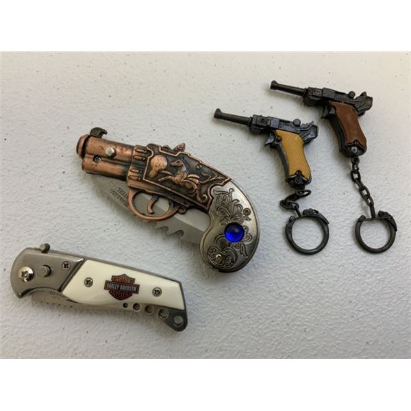 LOT OF LUGER KEY CHAINS AND POCKET KNIVES