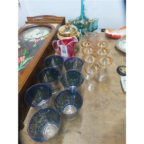 Art Glass Dessert Drink Glasses, Pitcher and Footed Lidded Dish