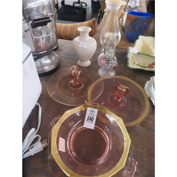 Depression Glass Serving Dishes 4, Oil Glass 2, and Vase