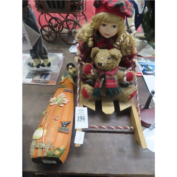 Christmas Sleigh Doll w/Bear & Thanksgiving Doll Statuary