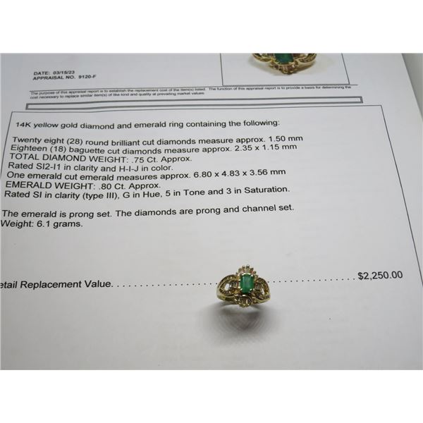 14K YG Diamond and Emerald Ring w/28 Round Cut Diamonds & 18 Baguette