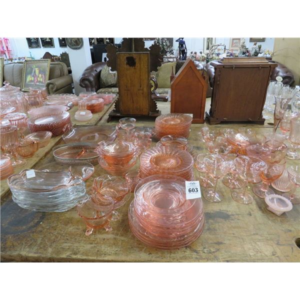 Large Lot Pink Depression Glass (Whole Table)