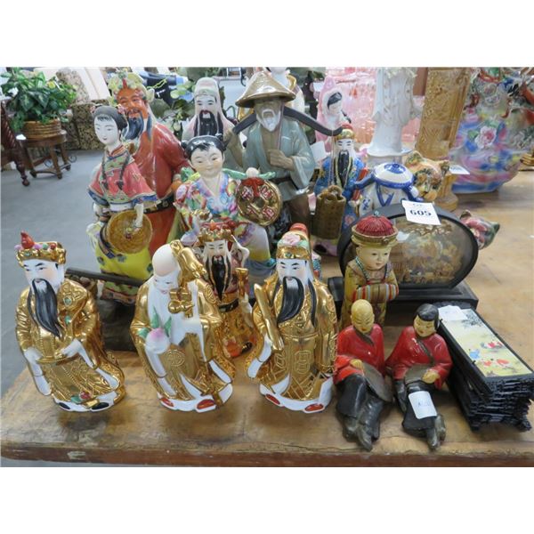 Asst. Oriental Figurines Including Mud Man & Shadow Box