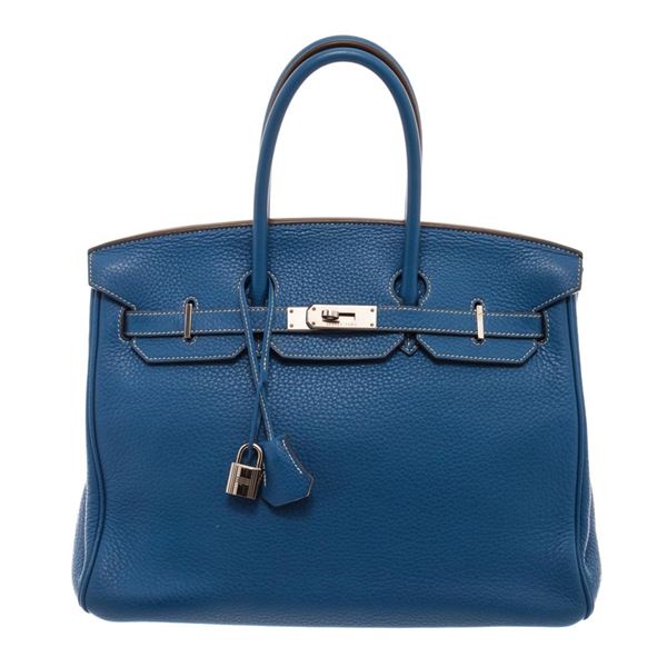 Hermes Blue Hydra Clemence Leather Birkin 35 Satchel Bag