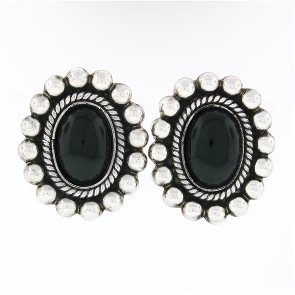 Large Vintage .925 Silver Oval Black Onyx Twisted Wire Bead Work Button Earrings