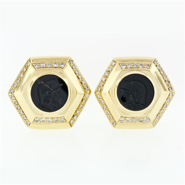 Vintage Large 18k Gold Black Onyx Intaglio .75 ctw Round Diamond Hexagon Earring