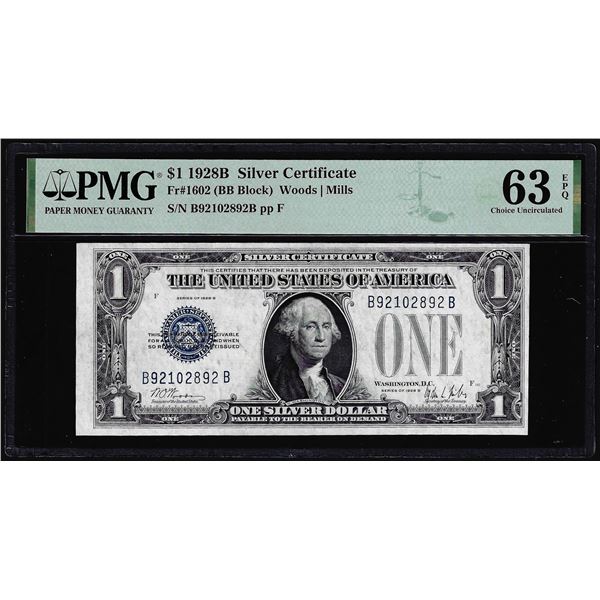1928B $1 Funnyback Silver Certificate Note Fr.1602 PMG Choice Uncirculated 63EPQ