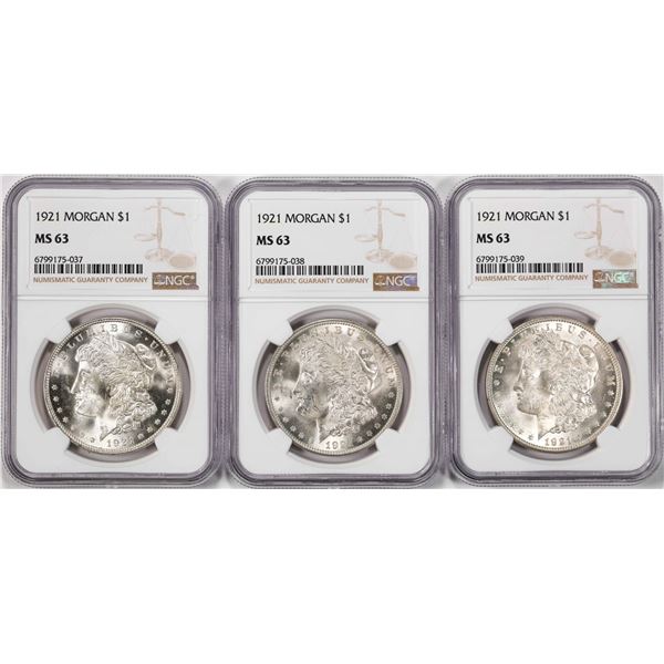 Lot of (3) 1921 $1 Morgan Silver Dollar Coins NGC MS63
