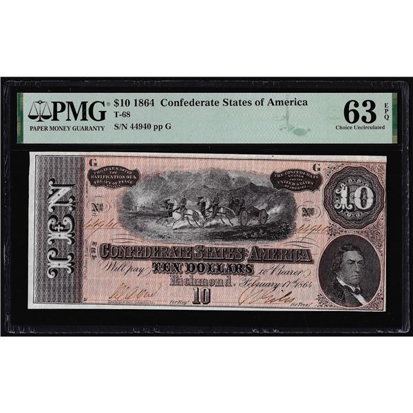 1864 $10 Confederate States of America Note T-68 PMG Choice Uncirculated 63EPQ