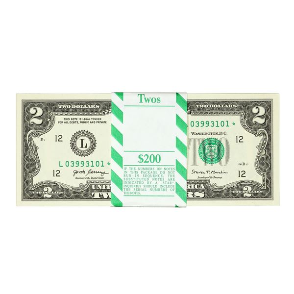 Pack of (100) Consecutive 2017A $2 Federal Reserve Star Notes San Francisco