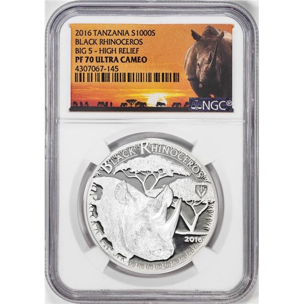 2016 Tanzania 1000 Shillings Black Rhino Big 5 HR Silver Coin NGC PF70 Ultra Cameo