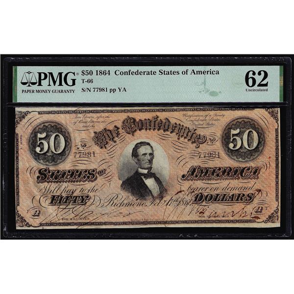 1864 $50 Confederate States of America Note T-66 PMG Uncirculated 62