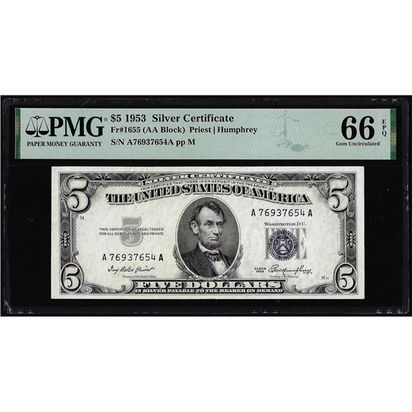 1953 $5 Silver Certificate Note Fr.1655 PMG Gem Uncirculated 66EPQ