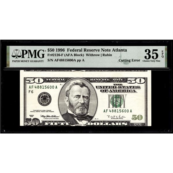 1996 $50 Federal Reserve Cutting Error Note Fr.2126-F PMG Choice Very Fine 35EPQ