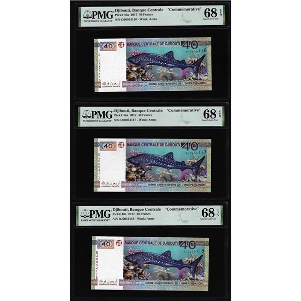 (3) Consecutive 2017 Djibouti 40 Francs Bank Notes PMG Superb Gem Uncirculated 68EPQ
