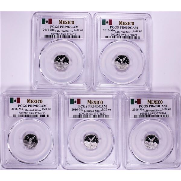 Lot of (5) 2016-Mo Mexico Proof 1/20 oz Silver Libertad Coin PCGS PR69DCAM