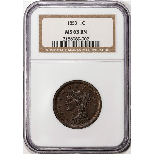 1853 Braided Hair Large Cent Coin NGC MS63BN