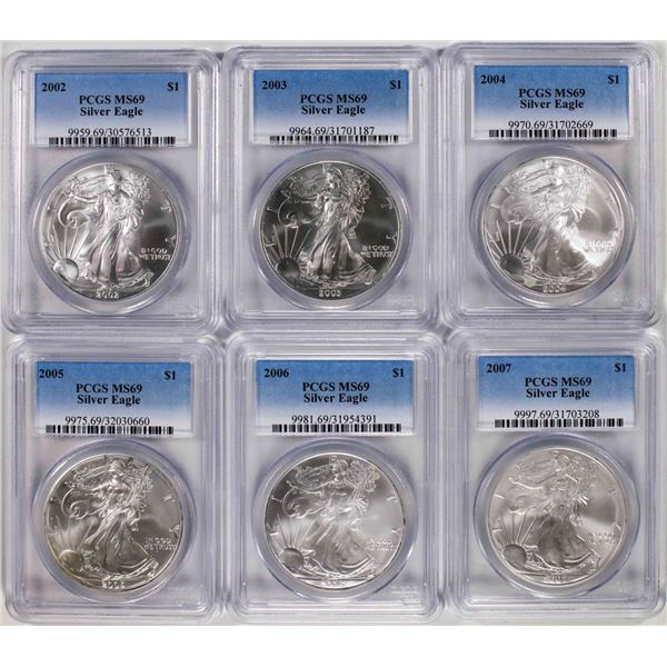 Lot of 2002-2007 $1 American Silver Eagle Coins PCGS MS69