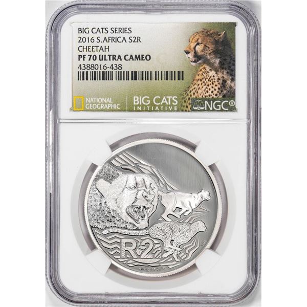 2016 S. Africa 2 Rands Cheetah Silver Coin NGC PF70 Ultra Cameo Nat Geo Big Cats Series