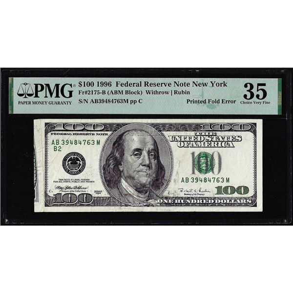 1996 $100 Federal Reserve Printed Fold Error Note Fr.2175-B PMG Choice Very Fine 35