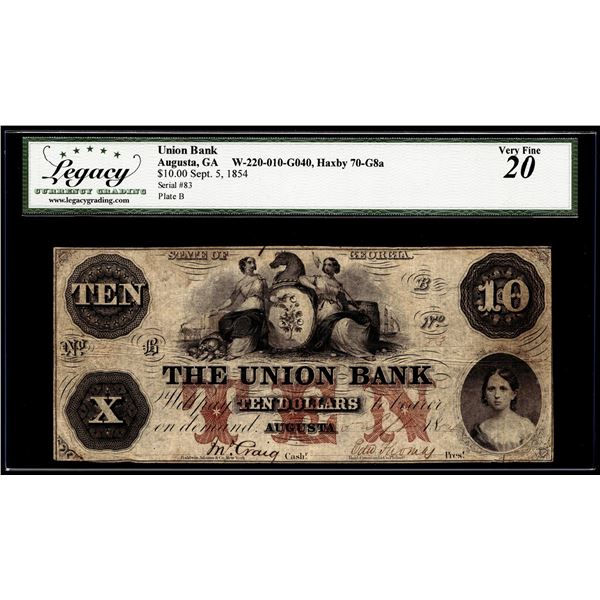 1854 $10 The Union Bank Augusta, GA Obsolete Note Legacy Very Fine 20