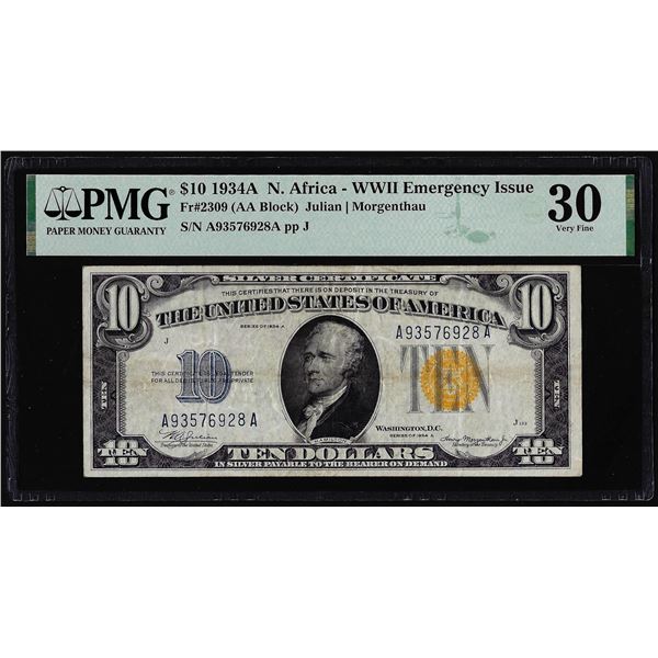 1934A $10 North Africa WWII Emergency Issue Silver Certificate Note PMG Very Fine 30