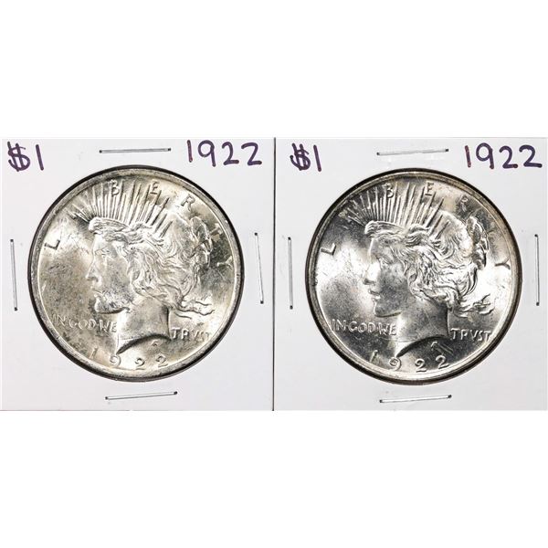 Lot of (2) 1922 $1 Peace Silver Dollar Coins