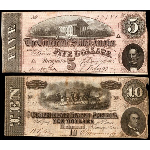 Lot of 1864 $5 & $10 Confederate States of America Notes