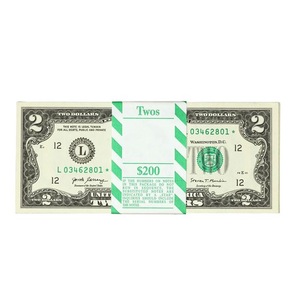 Pack of (100) Consecutive 2017A $2 Federal Reserve Star Notes San Francisco