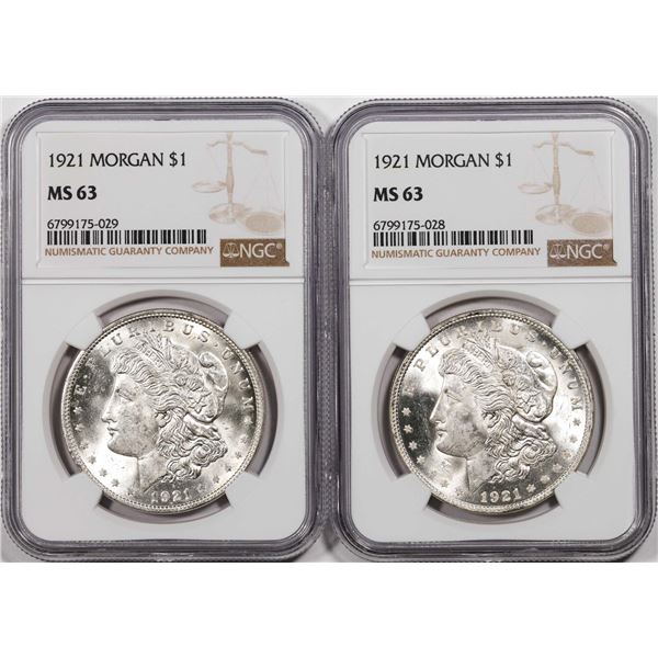 Lot of (2) 1921 $1 Morgan Silver Dollar Coins NGC MS63