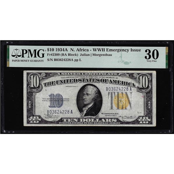 1934A $10 North Africa WWII Emergency Issue Silver Certificate Note PMG Very Fine 30