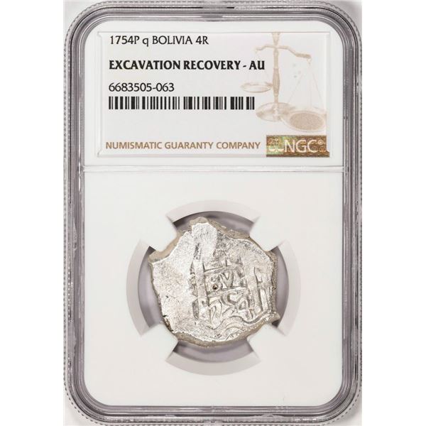 Shipwreck 1754P q Bolivia 4 Reales Silver Coin NGC AU Excavation Recovery