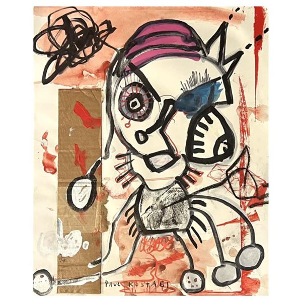 Paul Kostabi "Looking In Silence" Original Mixed Media on Paper