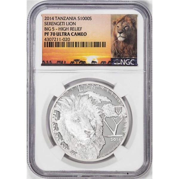 2014 Tanzania 1000 Shillings Serengeti Lion Big 5 HR Silver Coin NGC PF70 Ultra Cameo