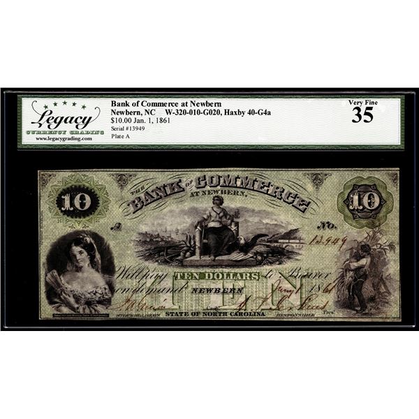 1861 $10 The Bank of Commerce at Newbern, NC Obsolete Note Legacy Very Fine 35