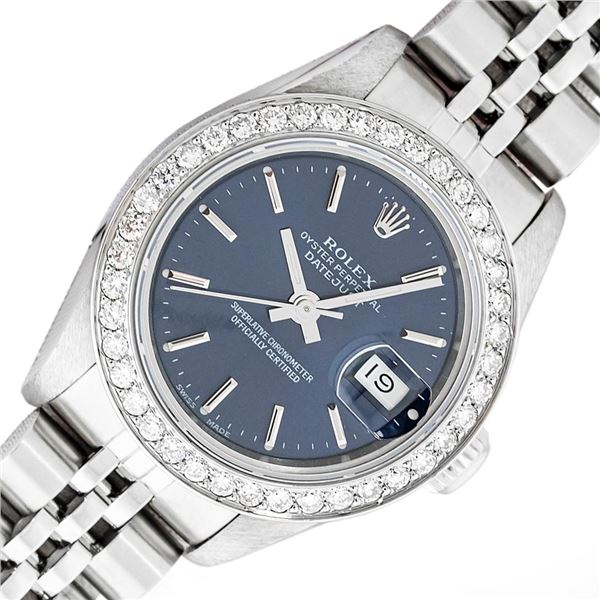 Rolex Ladies Stainless Steel Blue Index Diamond Datejust Wristwatch