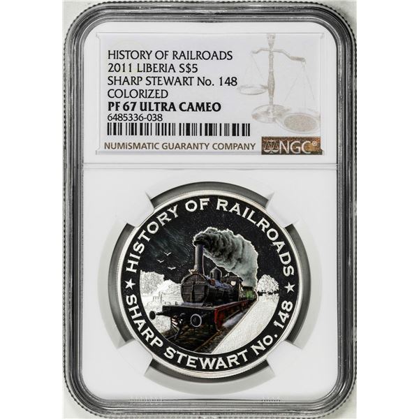 2011 Liberia $5 History of Railroads Sharp Stewart Silver Coin NGC PF67 Ultra Cameo