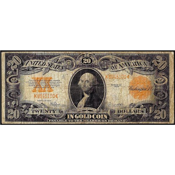 1922 $20 Gold Certificate Note
